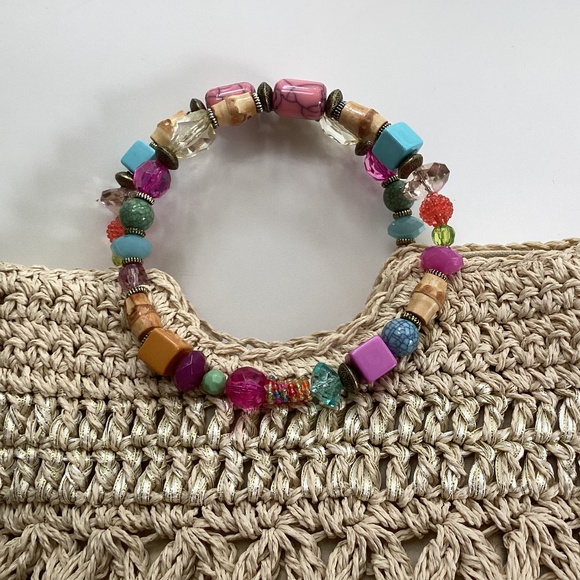 Cappelli Straworld Purse Handbag Round Beaded Jewel Handles Beige/Gold Lined - Picture 3 of 14